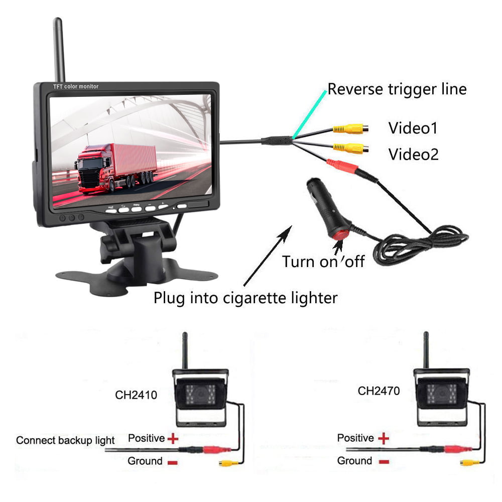 Podofo Wireless Vehicle Truck 2 Backup Parking Assistance System, Ir Night Vision Waterproof Rear View Camera + 7" Monitor for RV Truck Trailer Bus