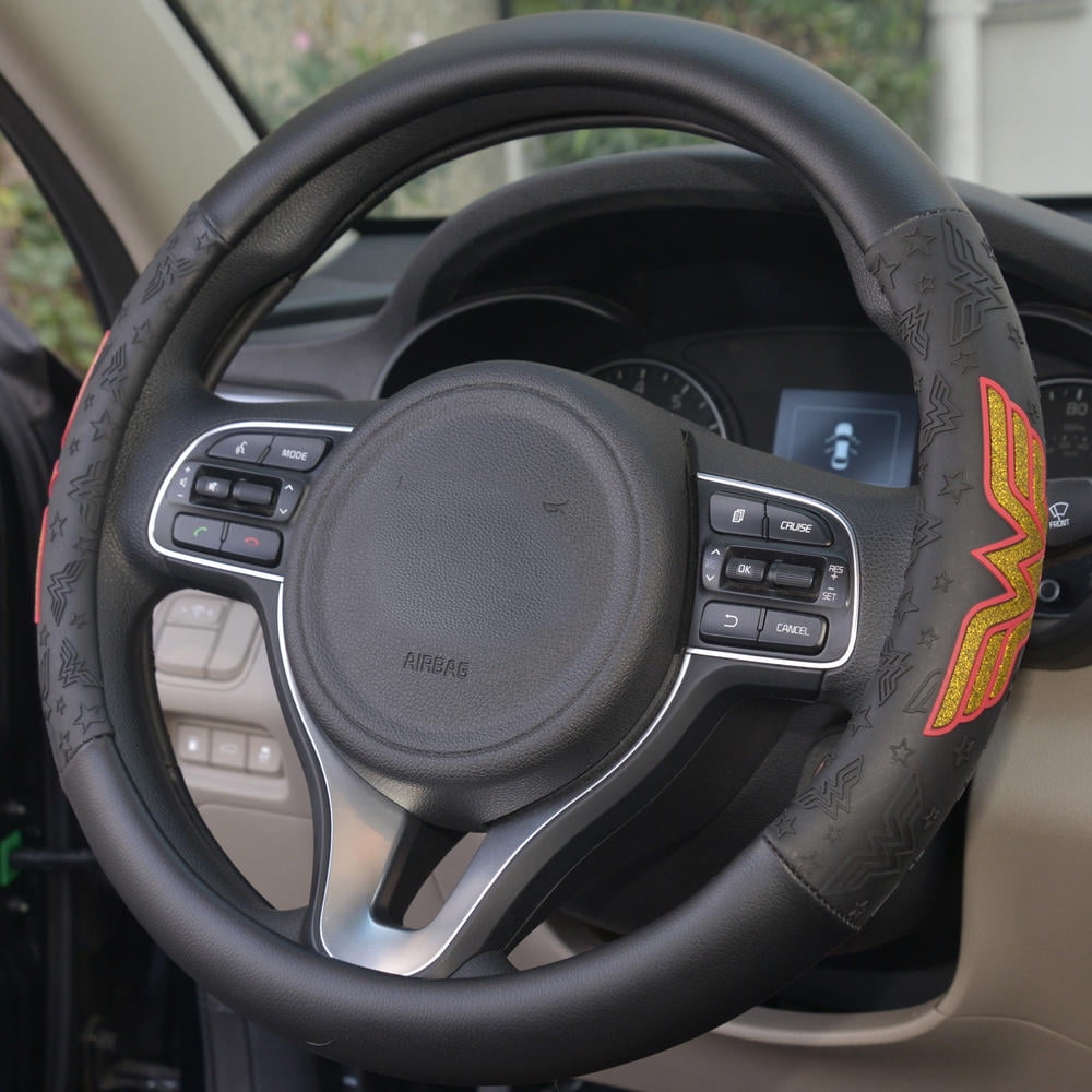 Wonder Woman Auto Accessories Combo Pack - Waterproof Seat Covers, Synth Leather Steering Wheel Cover & 4 Piece Car Floor Mats for Car SUV Van Truck