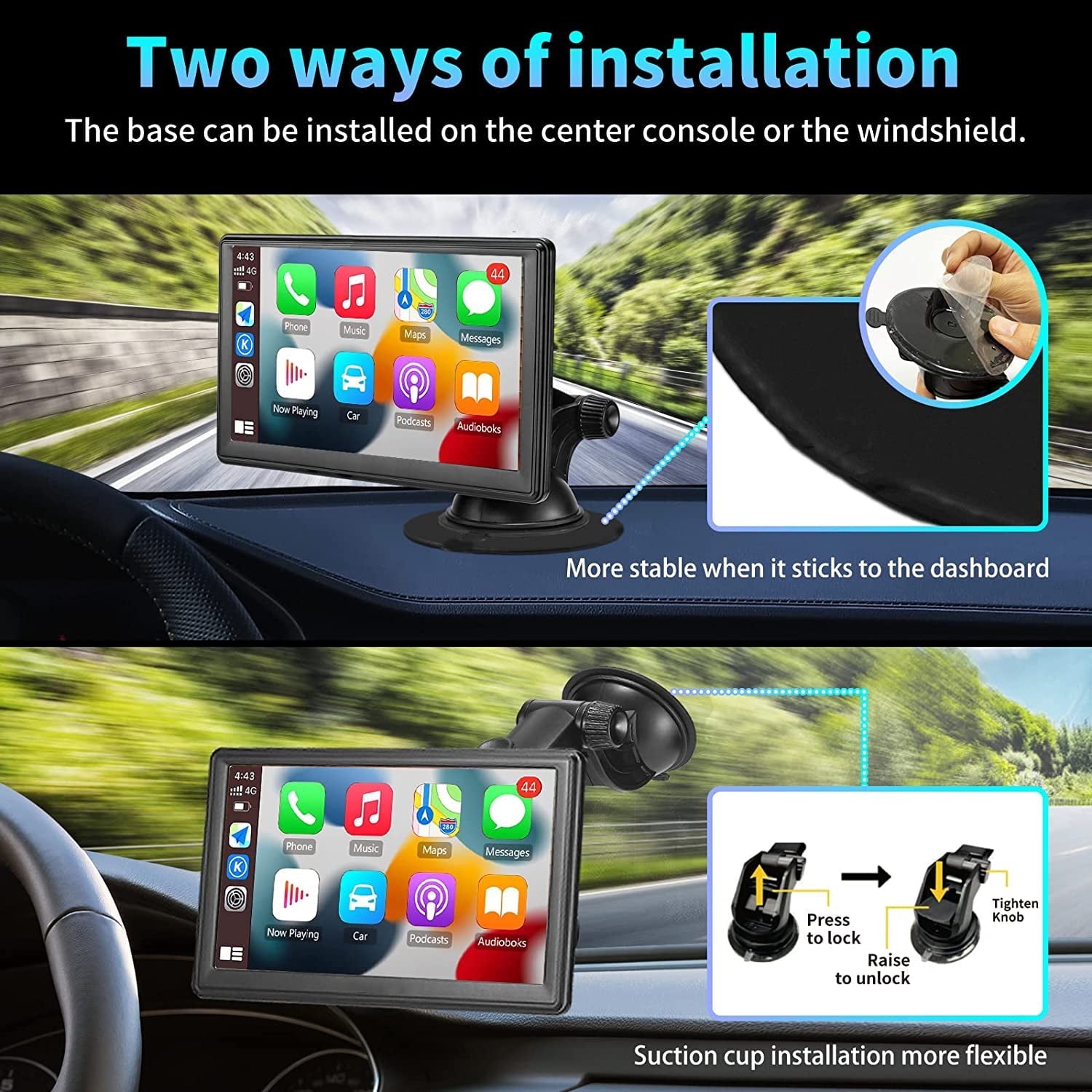 Wireless Apple CarPlay Dash Mount, Portable Car Stereo, Android Auto, Drivemate, 7-Inch Full HD Touchscreen, Car Audio Receiver, Bluetooth Handsfree, Car Buddy, Rear Camera, TF/USB/AUX Input