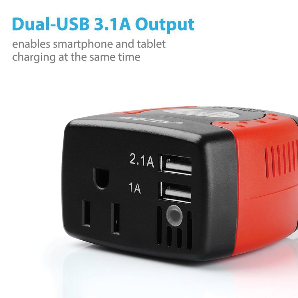 BESTEK MRI1511U 150-Watt 12-Volt DC Plug-in Cigarette Lighter Power Inverter with Fixed Plug Head, 1 AC Outlet, and 2 USB Ports with 3.1 Amps Shared