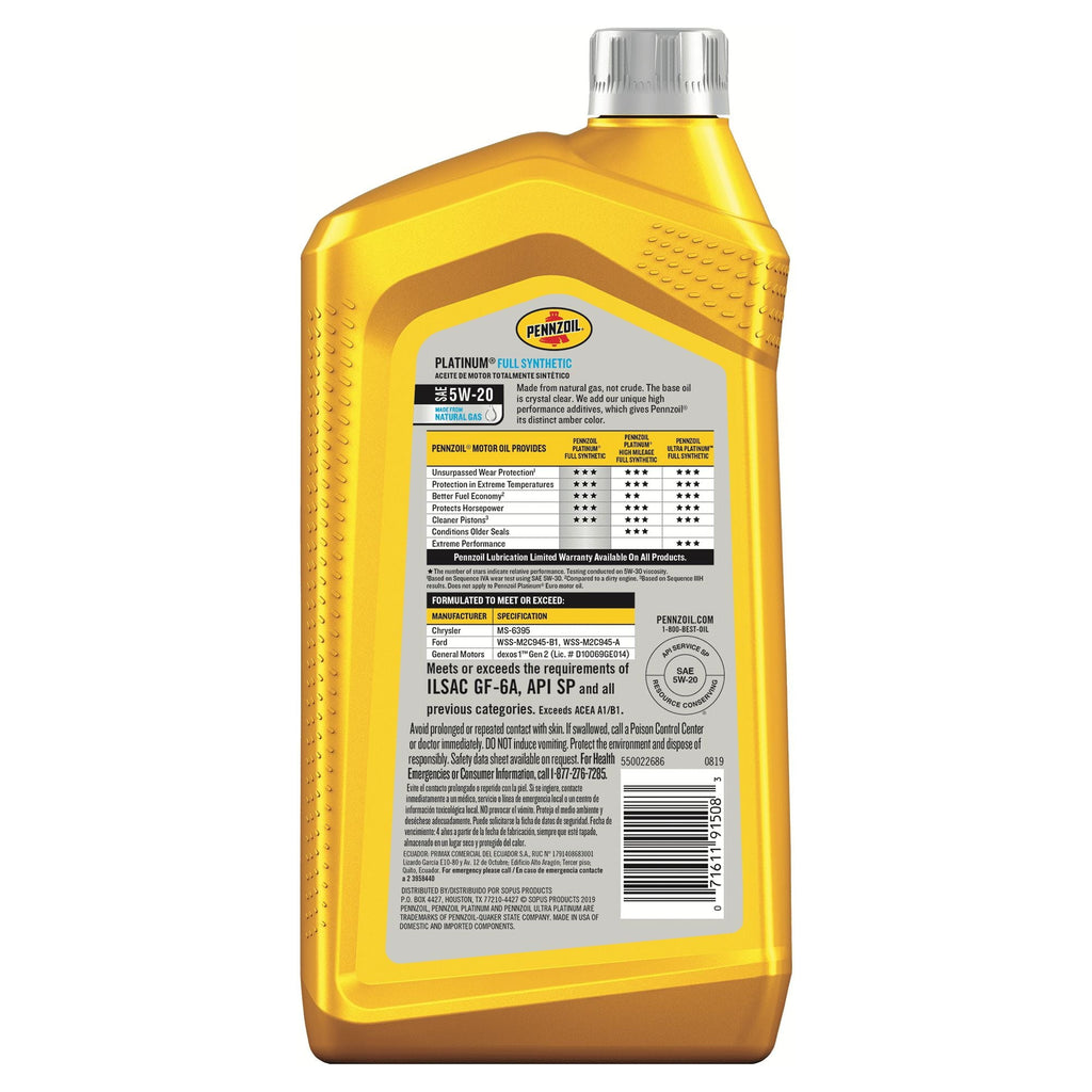 Pennzoil Platinum Full Synthetic 5W-20 Motor Oil, 1-Quart