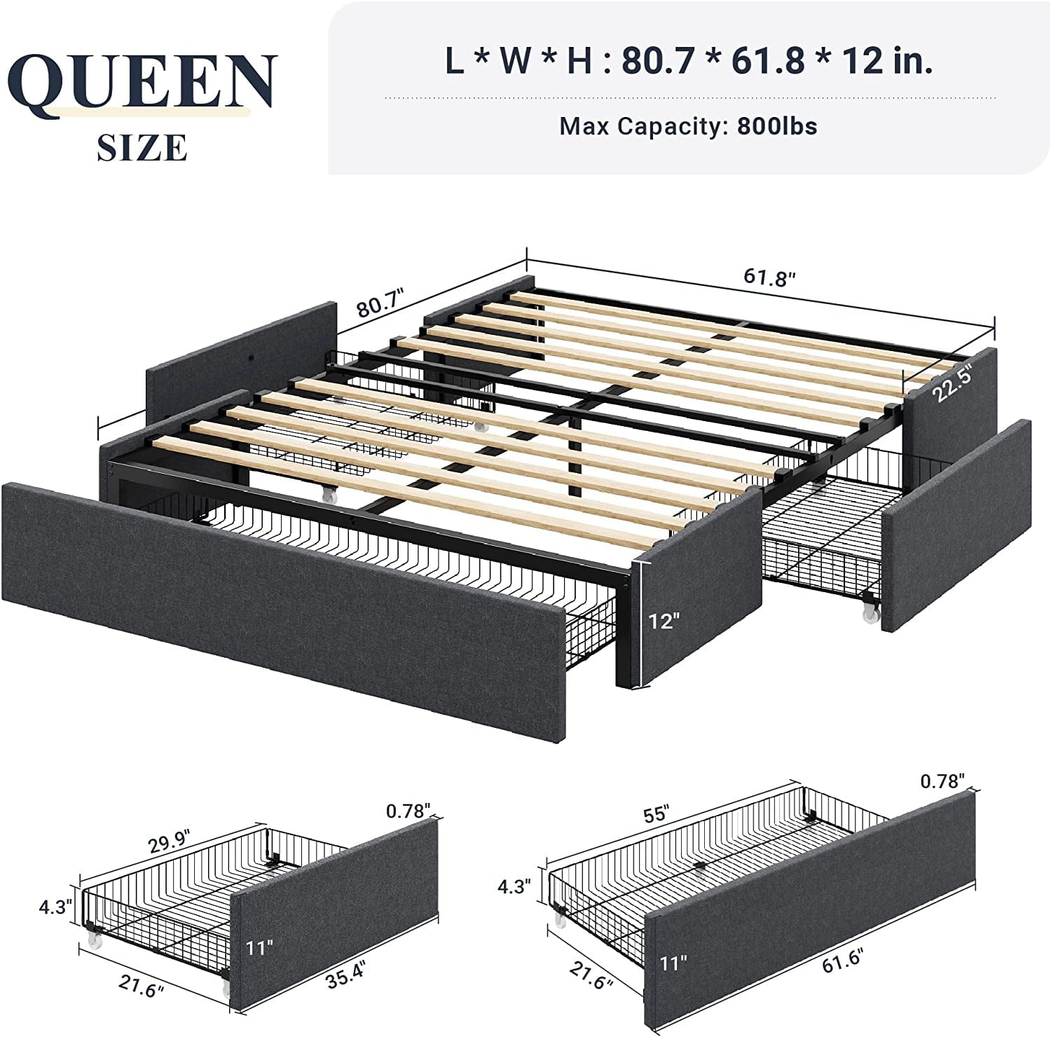 Allewie Queen Size Platform Bed Frame with 3 Storage Drawers, Fabric Upholstered, Dark Grey