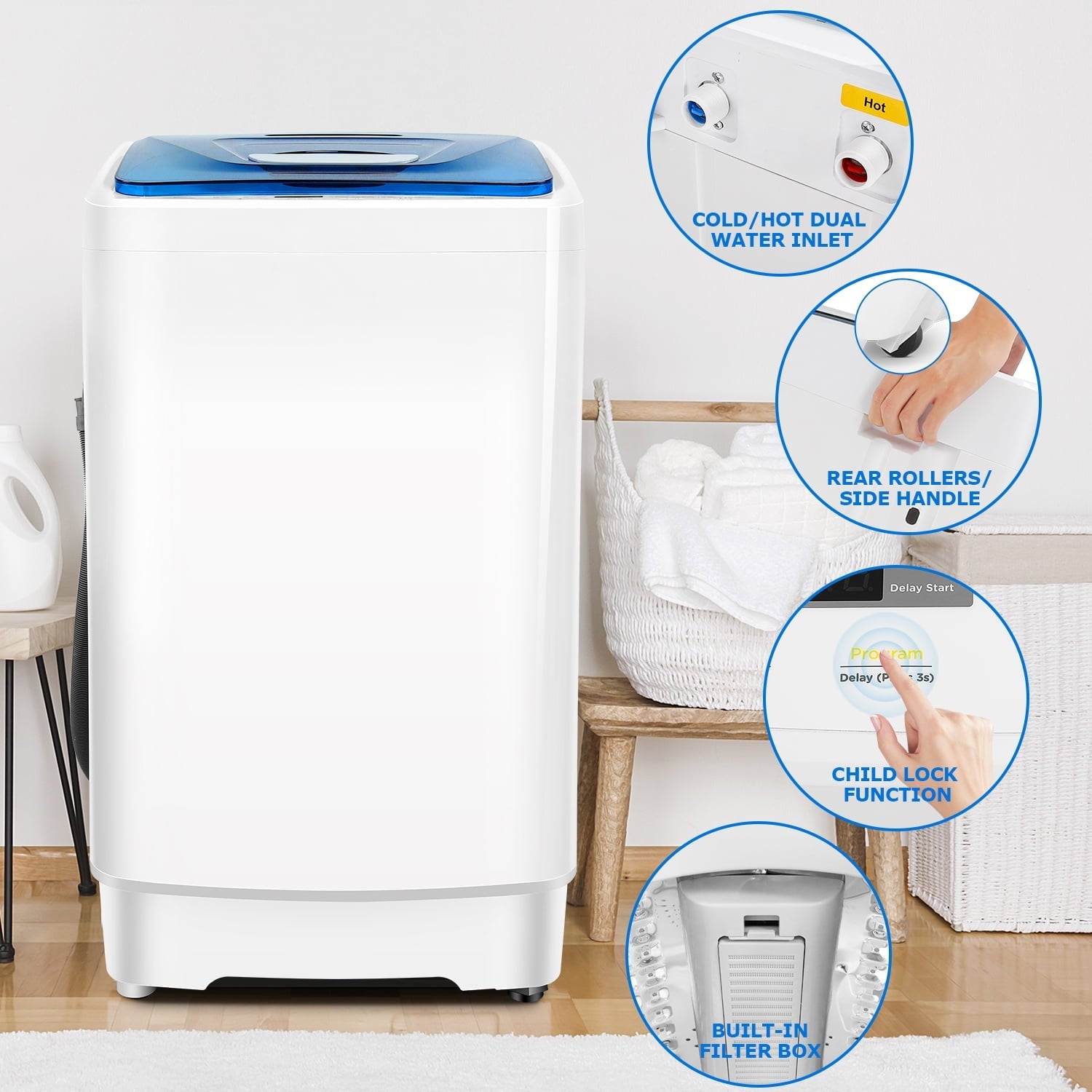 Tikmboex Fully Automatic Washing Machine, 17.8lbs Washer and Dryer Combo with Dual Inlets for Hot and Cold Water, Portable Washing Machine with LED Display & 1 Adjustable feet & Wheels