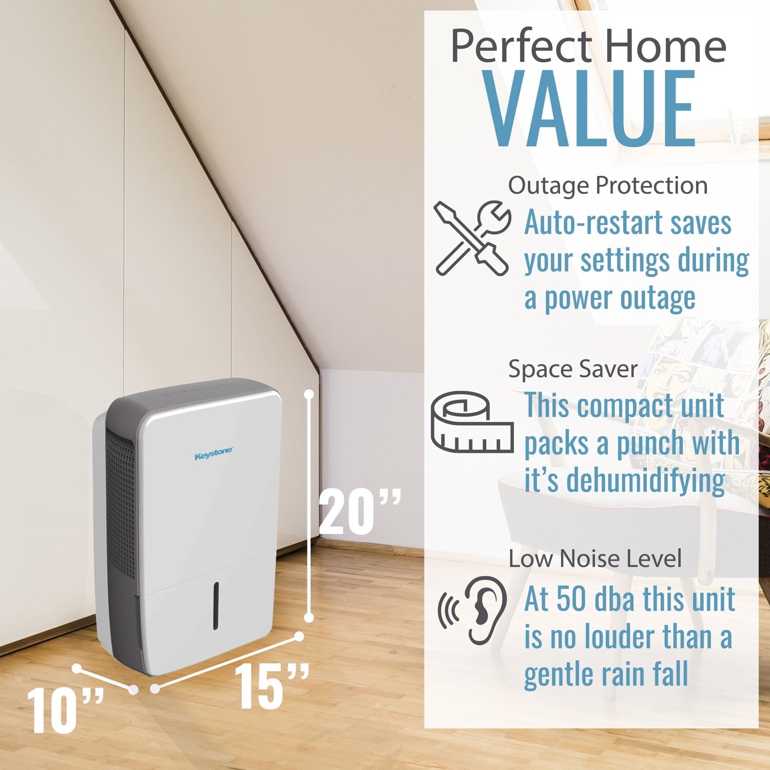 Keystone 22 pt 1,500 sq ft Dehumidifier in White - Energy Efficient, Bucket Full Indicator
