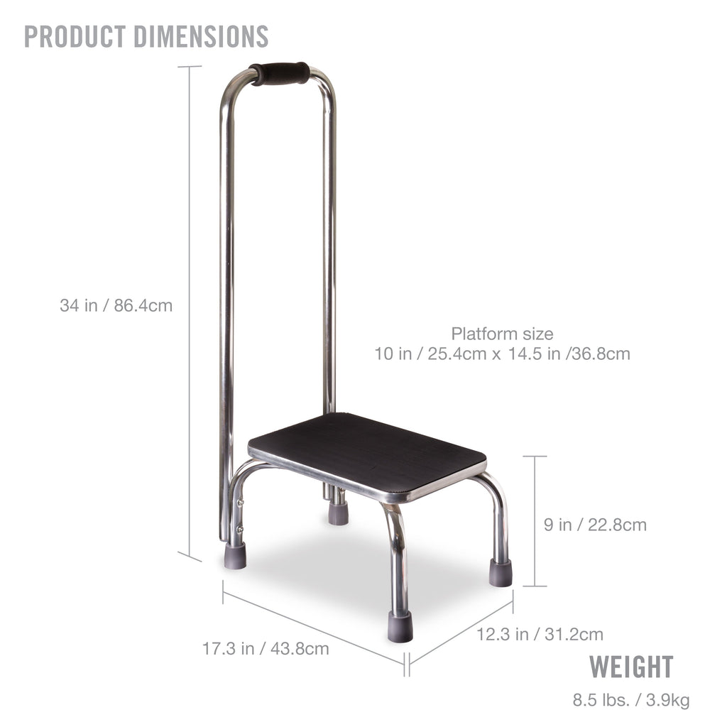 DMI Step Stool with Handle and Non Skid Rubber Platform, Lightweight and Sturdy Stool for Seniors, Adults and Children, Holds up to 300 Pounds with 9.5 Inch Step Up, 17.3"D x 12.3"W x 34"H, Chrome
