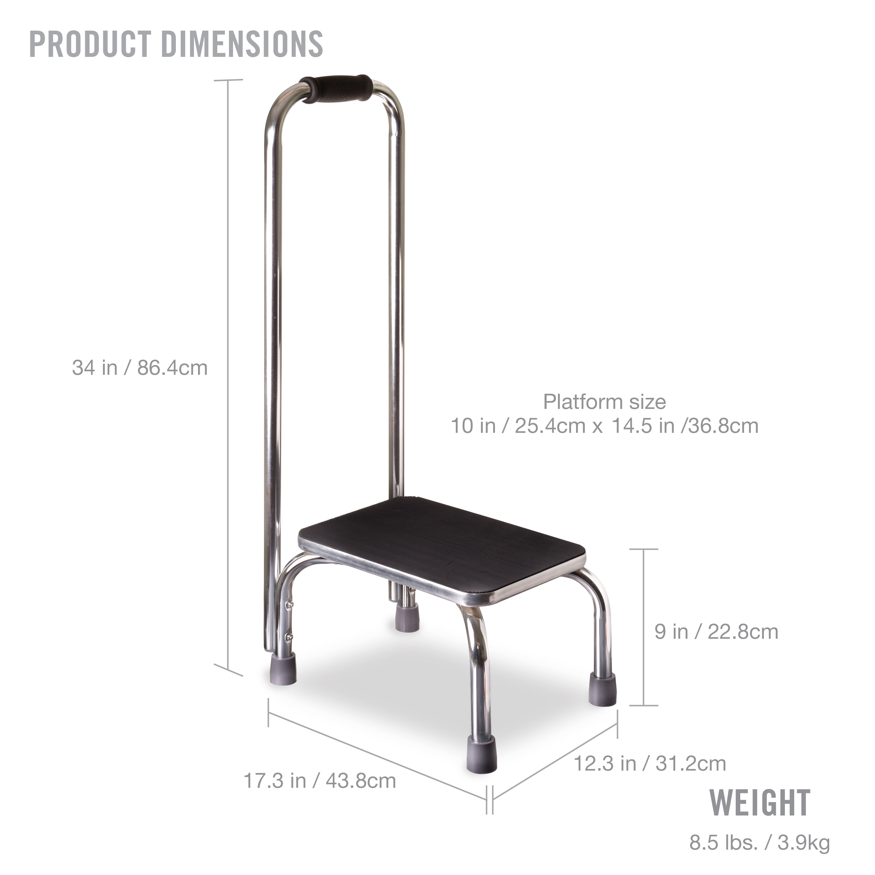 DMI Step Stool with Handle and Non Skid Rubber Platform, Lightweight and Sturdy Stool for Seniors, Adults and Children, Holds up to 300 Pounds with 9.5 Inch Step Up, 17.3"D x 12.3"W x 34"H, Chrome