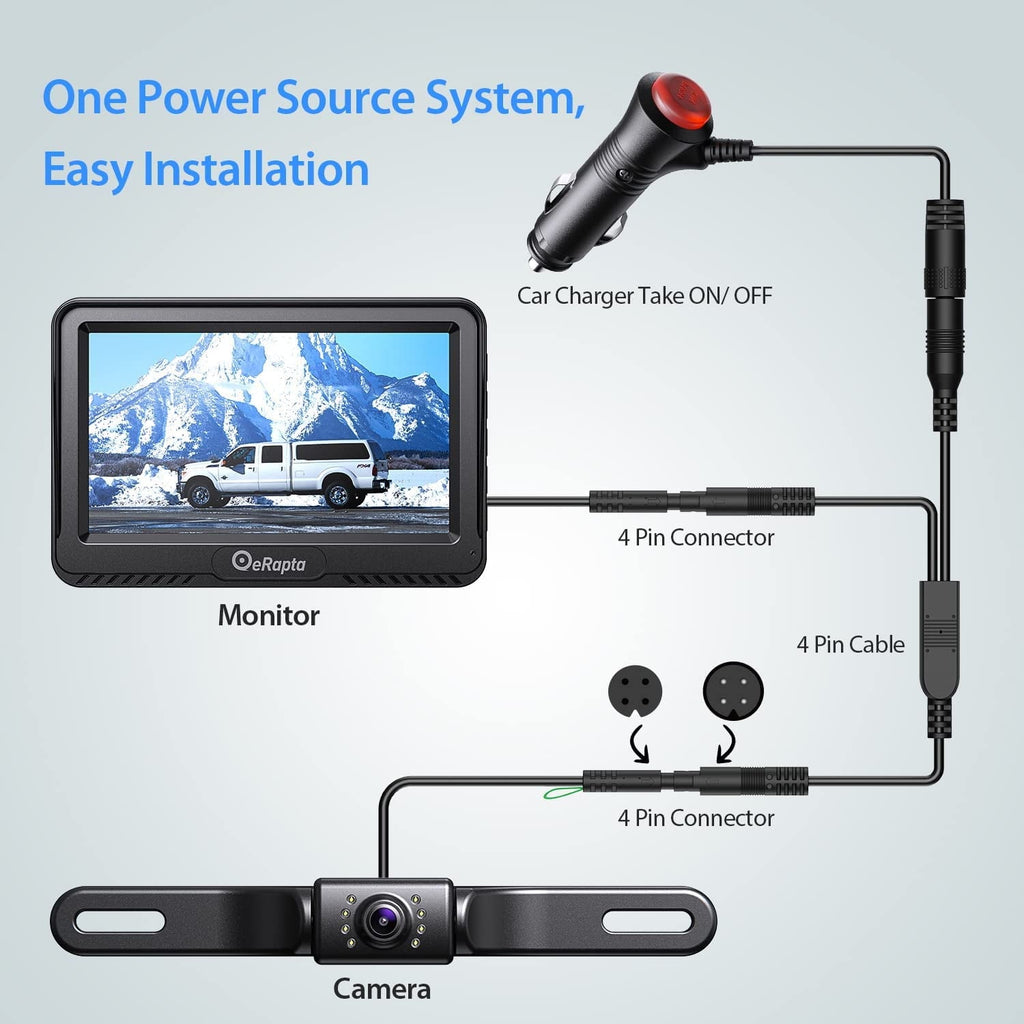 eRapta Backup Camera with Monitor 4.3 inch License Plate Wired Back up Camera for Car or Truck Pickup SUV Rear View Camera Backing Reverse Camera IP69 Waterproof Nice Night Vision ERT01
