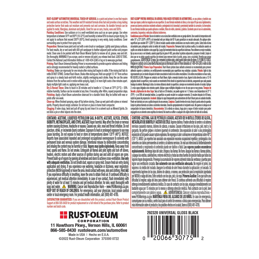 Black, Rust-Oleum Automotive Gloss Touch Up Paint and Primer in One Spray Paint-292320, 11 oz