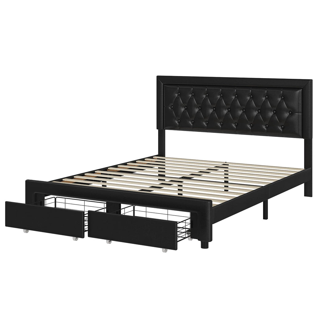 Homfa Full Size Bed Frame with Storage Drawers, PU Leather Upholstered Platform Bed with Adjustable Button Headboard, Black