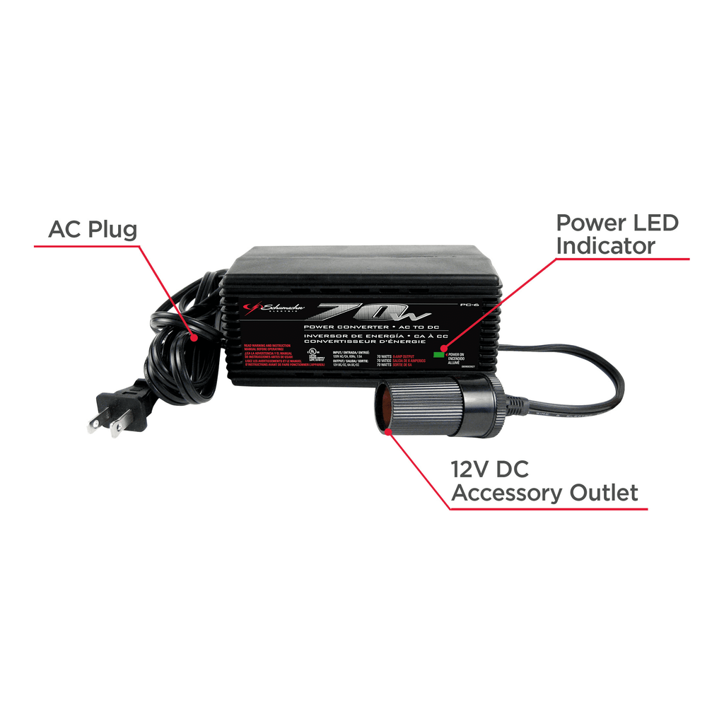 Schumacher 70 Continuous Watt/140 Peak Watt AC-to-DC Power Inverter with 12-Volt DC Port, LED Indicator