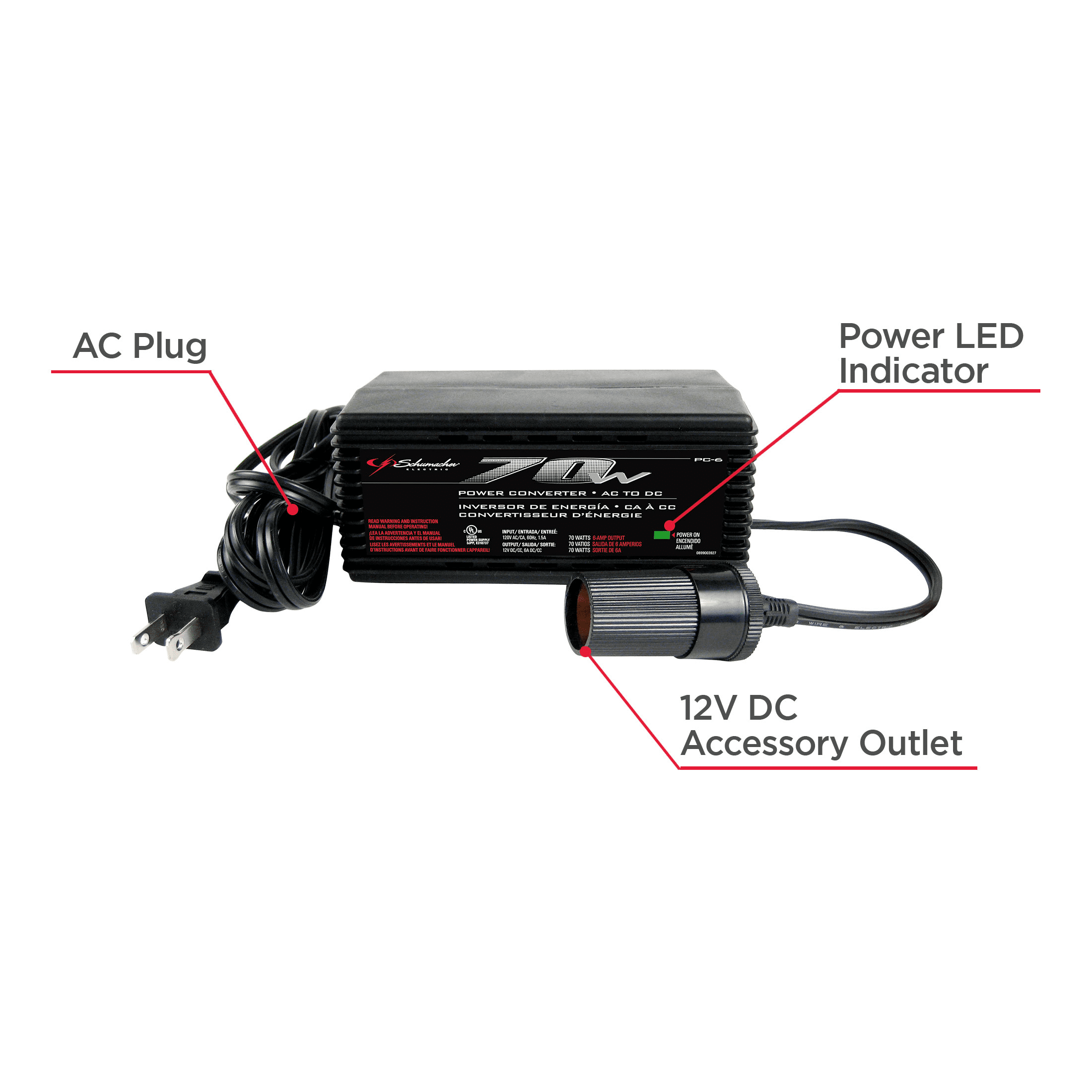 Schumacher 70 Continuous Watt/140 Peak Watt AC-to-DC Power Inverter with 12-Volt DC Port, LED Indicator
