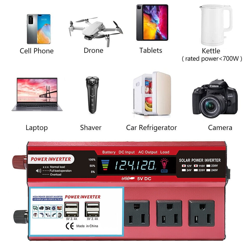 1000W Power Inverter Car Converter Adapter, 500W DC 12V to AC 110V Pure Sine Wave Solar Converter