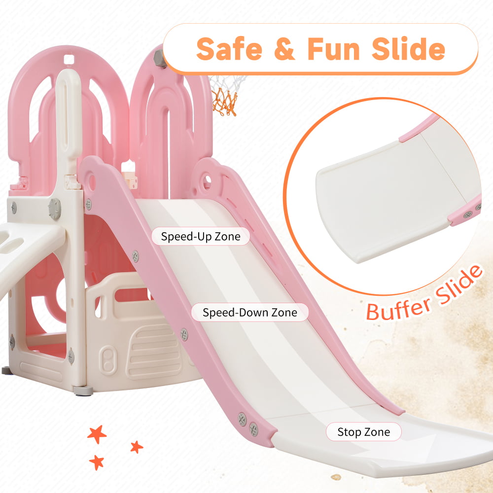 GERI 4 in 1 Toddler Climber and Slide Set with Basketball Hoop,Kids Climber & Bus Playhouse Slide Playse, Pink