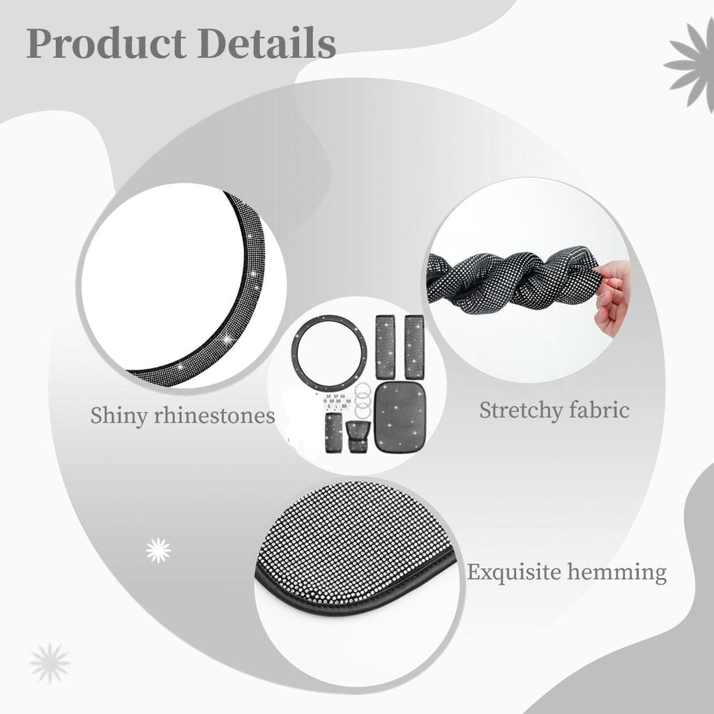 Bling Crystal Diamond Steering Wheel Cover, 11Pcs Shiny Rhinestone Sparkling Car Interior Decorations, Car Accessories for Women Girls, Universal Fit 14-15inch