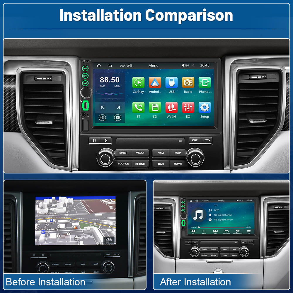 Podofo Double 2 Din 7'' Car Stereo Radio Wireless Apple Carplay Android Auto Mirror Link HD Touch Screen Car Multimedia MP5 Player Head Unit Bluetooth FM USB Mic Type C(No Backup Camera)