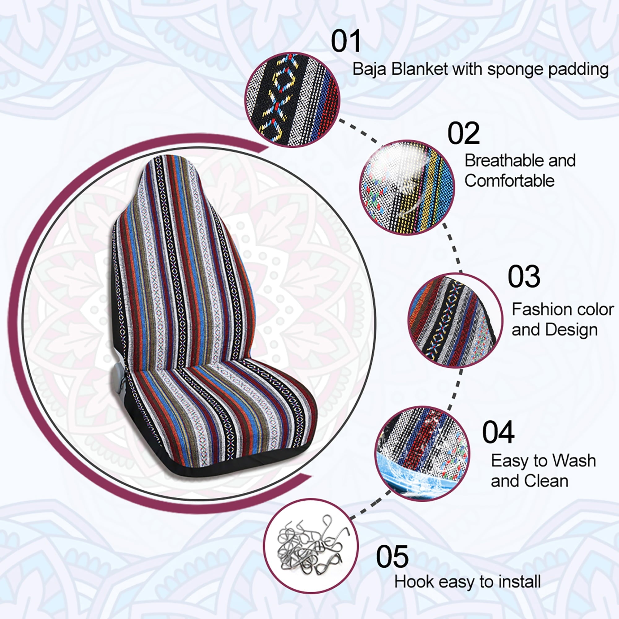 Unique Bargains Universal Seat Cover Baja Blanket Ethnic Style Bucket Multicolor for SUV Automotive