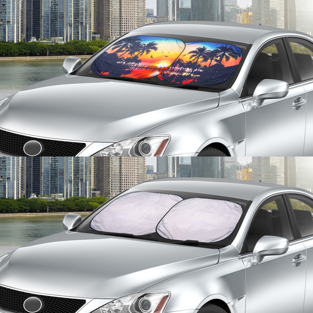 Auto Drive 2 Count Palm Tree Sunset Universal Twist Sun Shade Product Size 28.5'' x 31.5''