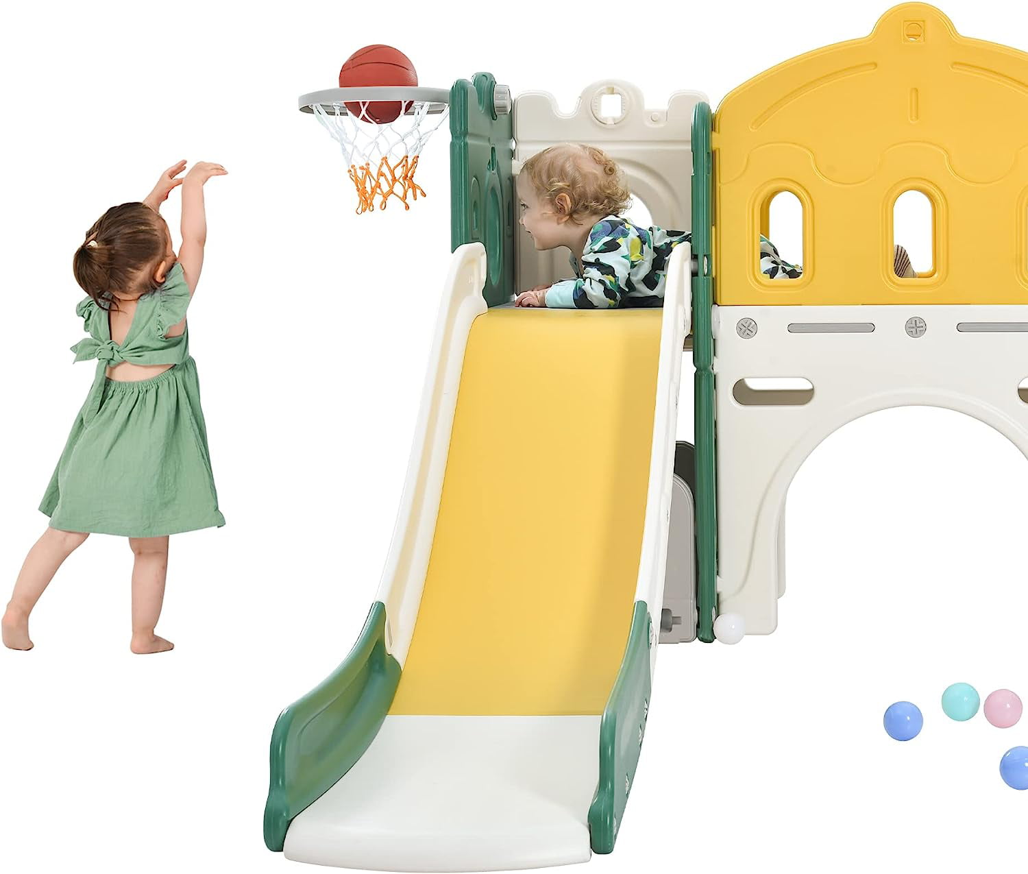 Holaki 6 in 1 Toddler Slide Set, Kids Slide for Toddlers, Kids Playing Climber Sliding Playset with Basketball Hoop, Tunnel and Storage Space, Toddler Playground Indoor Outdoor