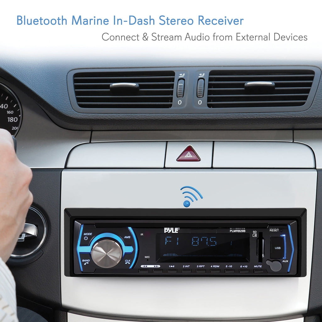 Pyle Marine Bluetooth Stereo Radio 12v Single DIN Style Boat In dash Radio Receiver System (Black)