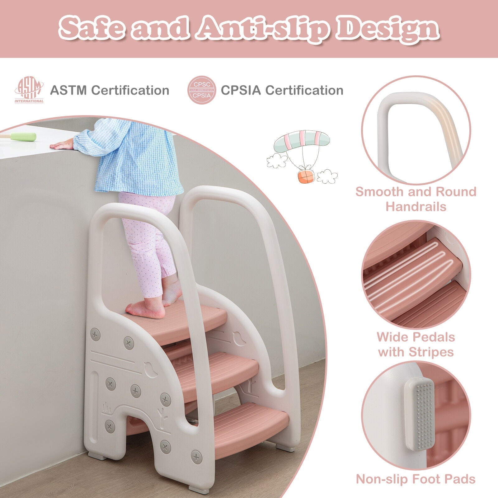 Exdeerjoy Kids 3-Step Stool, Toddler Stepping Stool with Handles, Plastic Learning Helper Stool Pink
