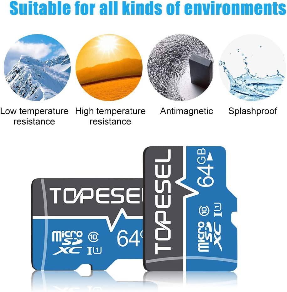 2 Pack 64GB Micro Sd Card with Adapter TOPESEL Micro SDXC TF Card Class 10 UHS-I Memory Cards for Camera Phone Drone Dash Cam Blue