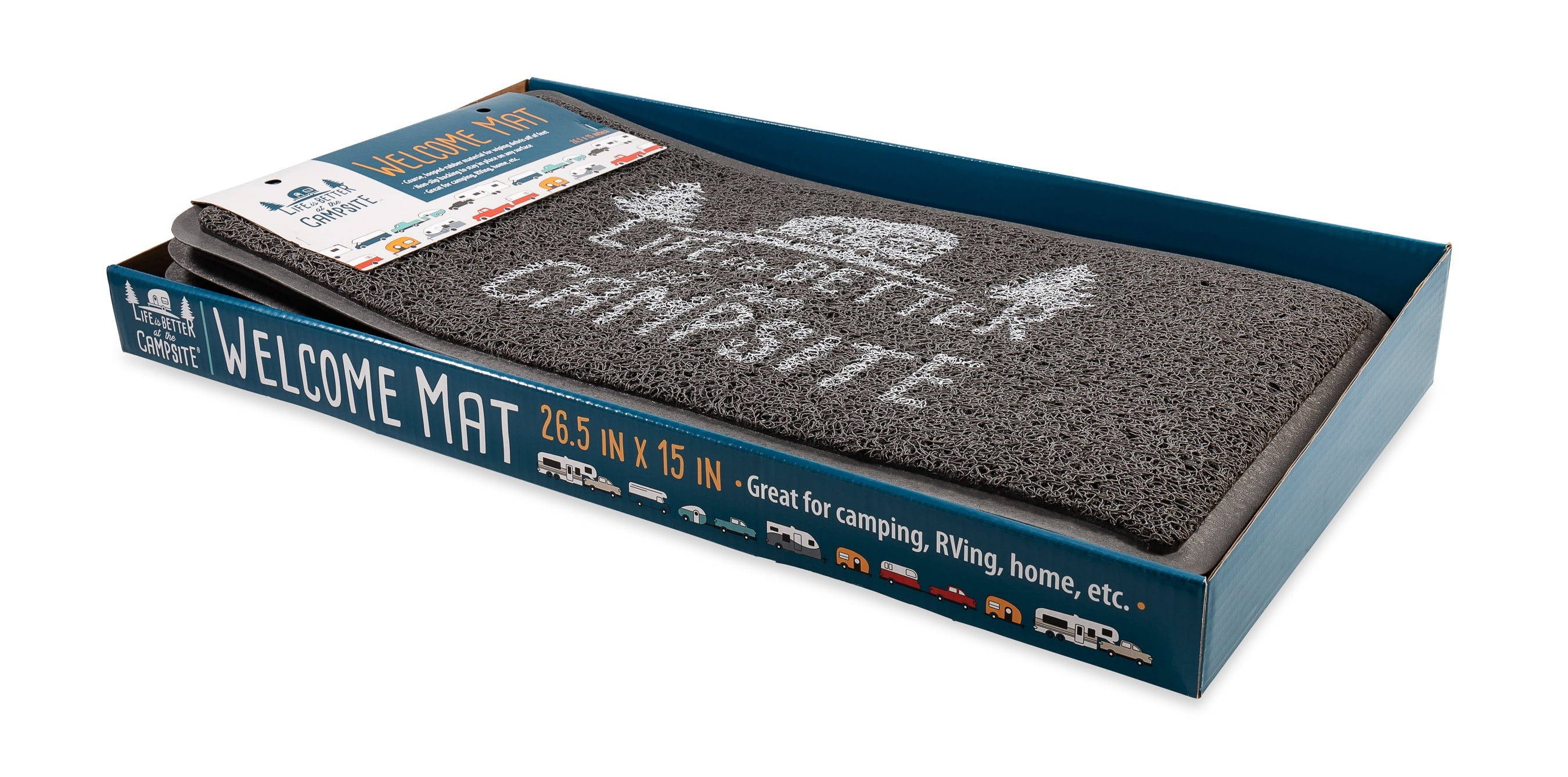 Camco Life is Better at The Campsite Camper/RV Scrub Rug/Door Mat | Looped PVC, Gray and White (53197)