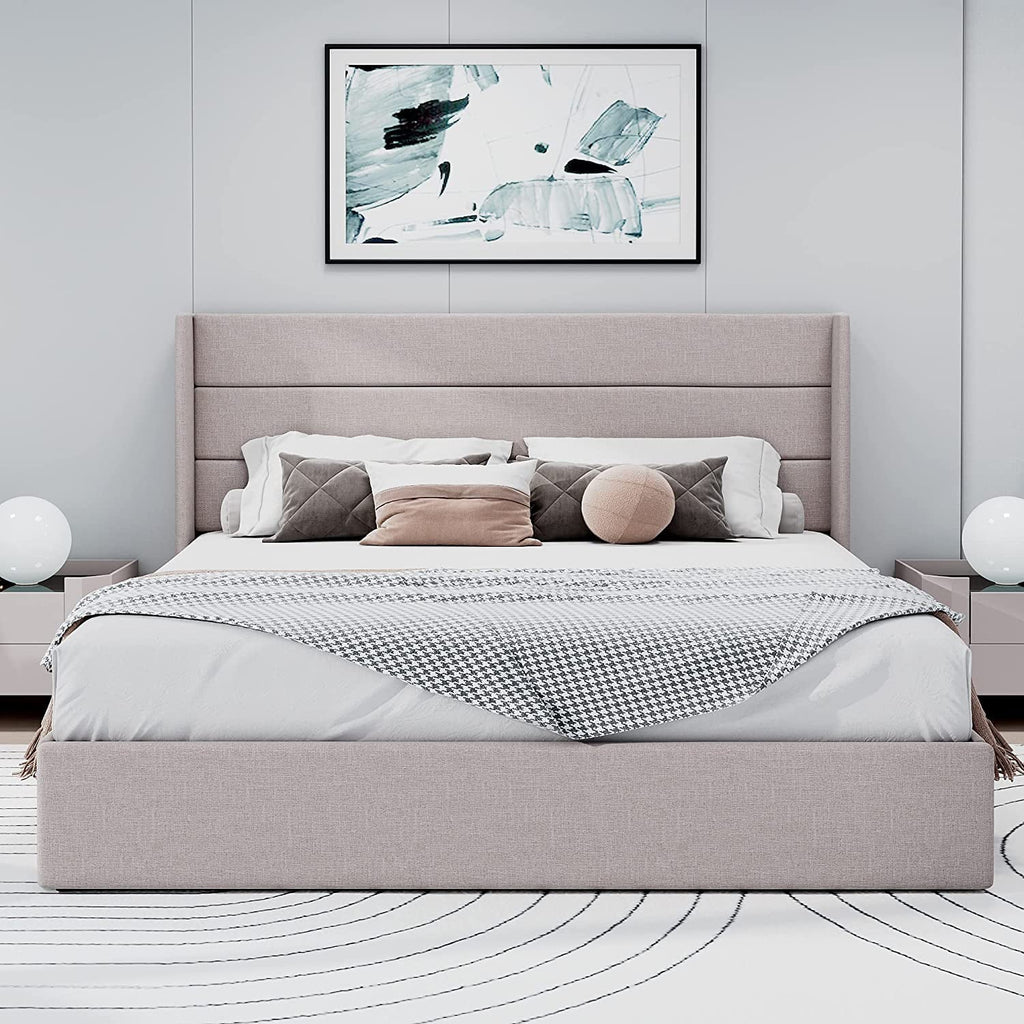 Allewie Queen Size Lift Up Storage Upholstered Bed with Pannel Wingback Headboard, Light Beige