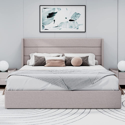 Allewie Queen Size Lift Up Storage Upholstered Bed with Pannel Wingback Headboard, Light Beige