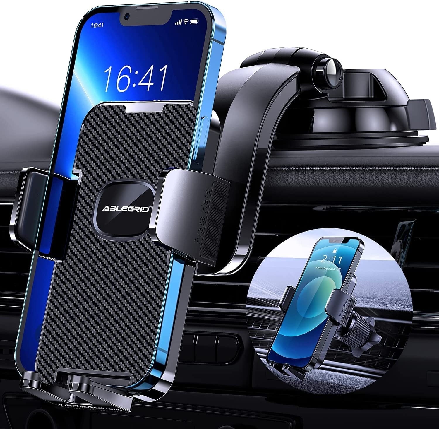ABLEGRID Car Phone Mount, [Bumpy Roads Friendly] Powerful Suction Cup Phone Holder for Car Dashboard Windshield Air Vent Hands Free Clip Cell Phone Holder Compatible with All Mobile Phones