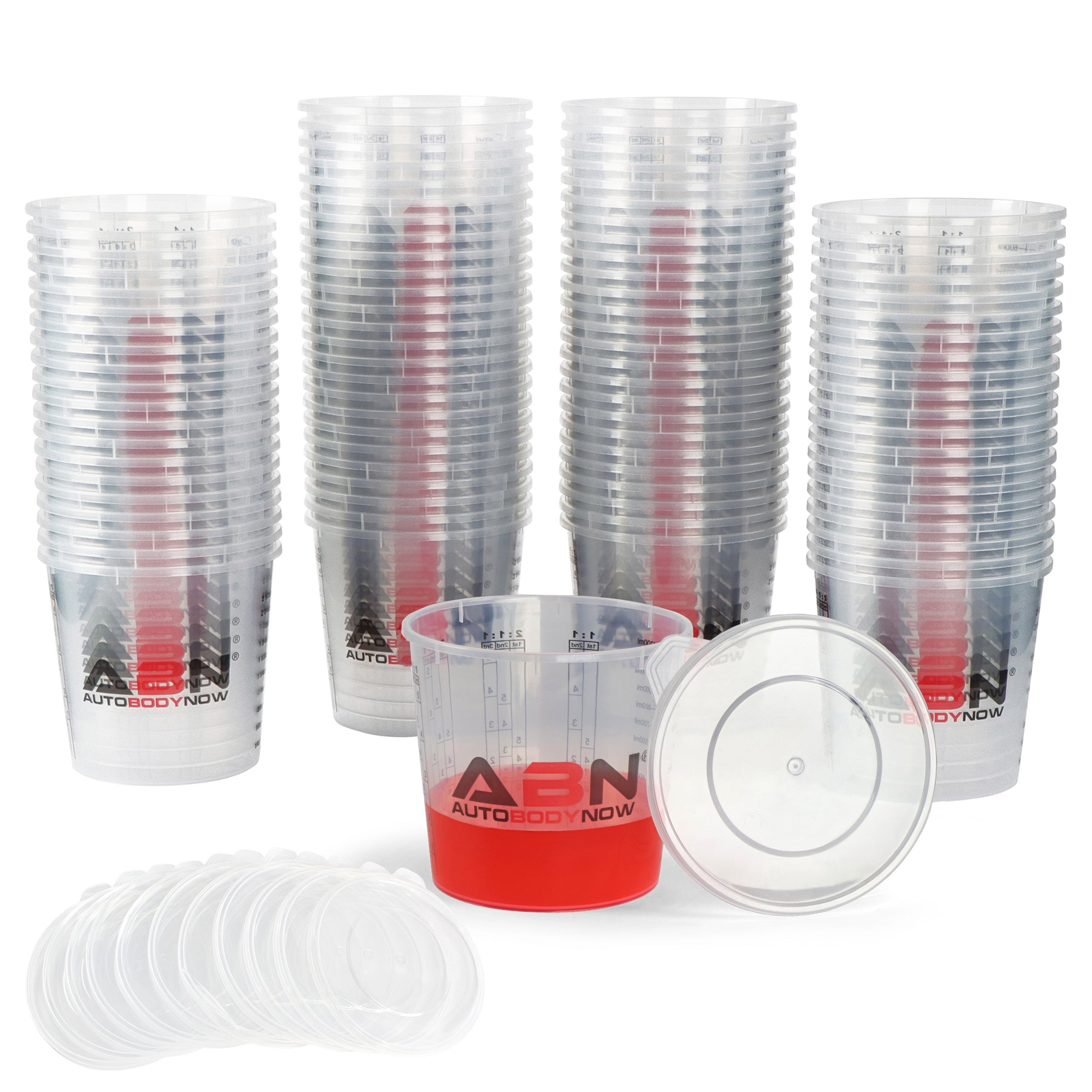 ABN 32 Oz 1000ml Quart Disposable Flexible Clear Graduated Plastic Mixing Cups with Lids 100 Pack Use for Paint, Resin, Epoxy, Art, Kitchen, Baking - Measuring Ratios 1:1, 2:1:1, 3:1:1, and 4:1:1