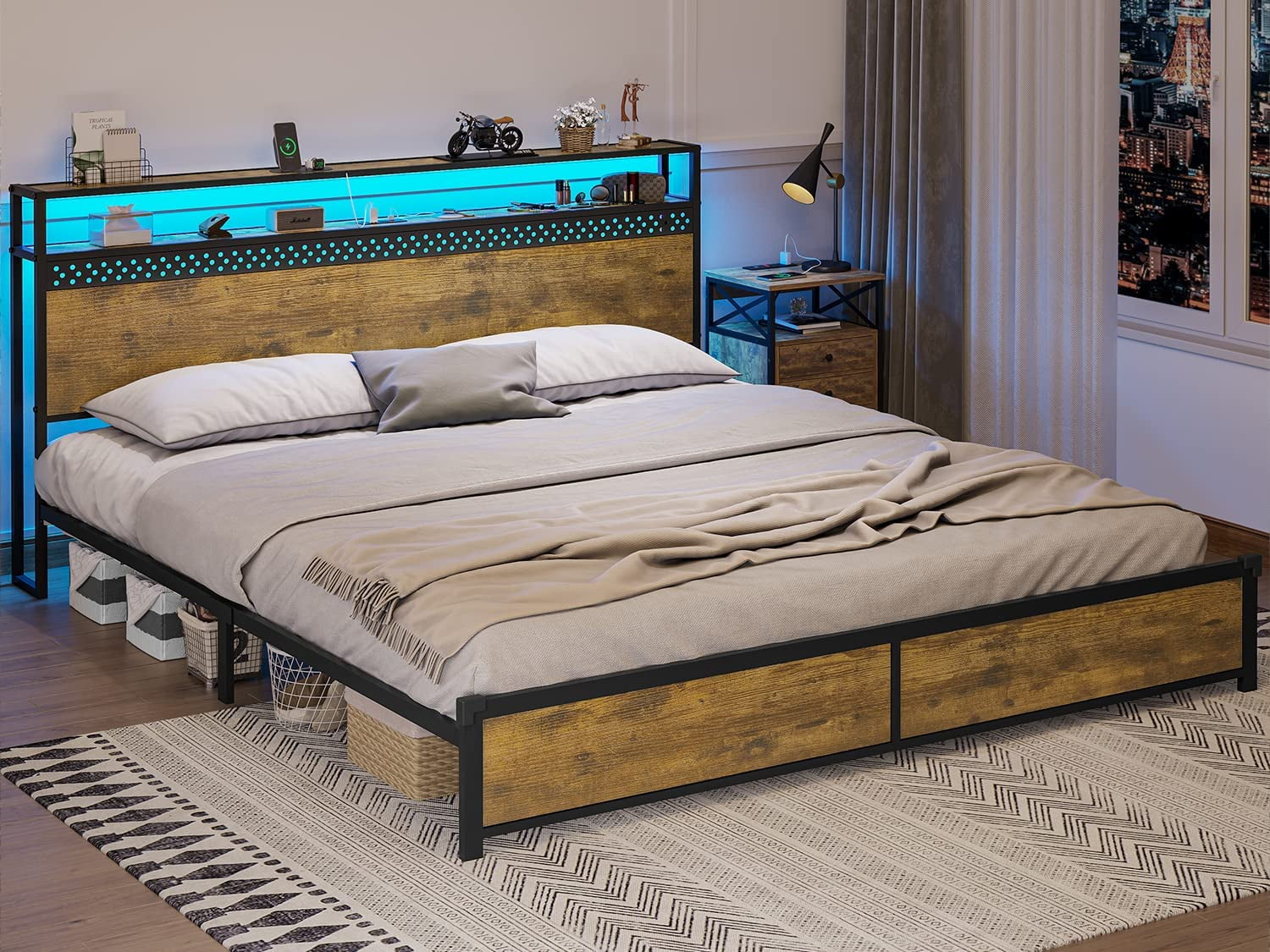 ADORNEVE LED King Bed Frame with Outlets and USB Ports, Metal Platform Bed with 2-Tier Storage Headboard and LED Lights, No Box Spring Needed, Easy Assembly, Vintage Brown