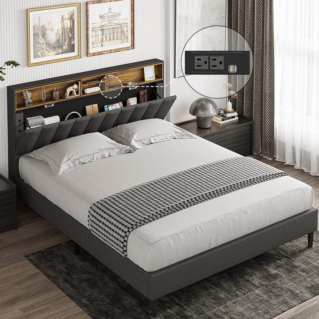 ADORNEVE Queen Size Platform Bed Frame, Modern Fabric Upholstered Bed with Power Strip and Storage Headboard Height Adjustable, No Box Spring Needed, Dark Gray