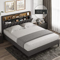 ADORNEVE Queen Size Platform Bed Frame, Modern Fabric Upholstered Bed with Power Strip and Storage Headboard Height Adjustable, No Box Spring Needed, Dark Gray
