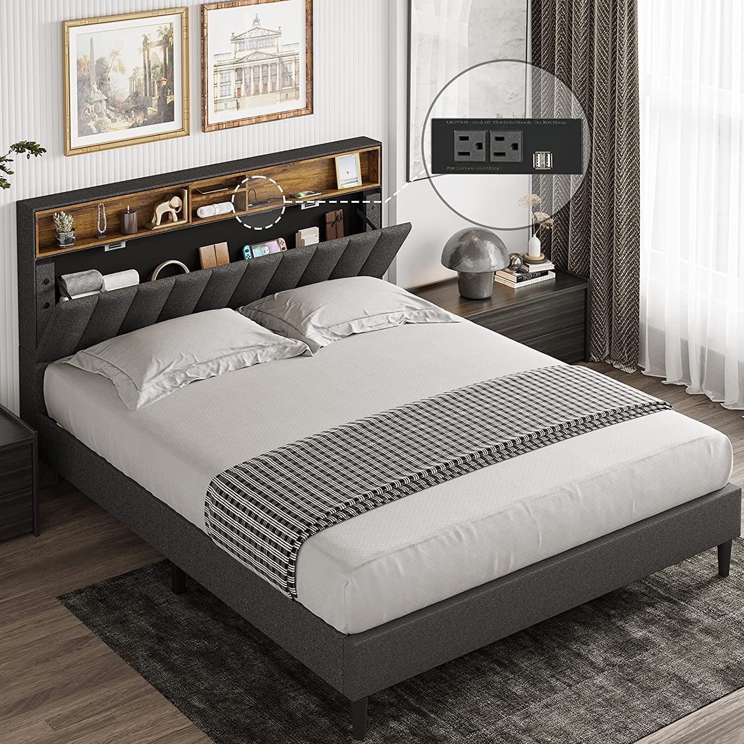 ADORNEVE Queen Size Platform Bed Frame, Modern Fabric Upholstered Bed with Power Strip and Storage Headboard Height Adjustable, No Box Spring Needed, Dark Gray