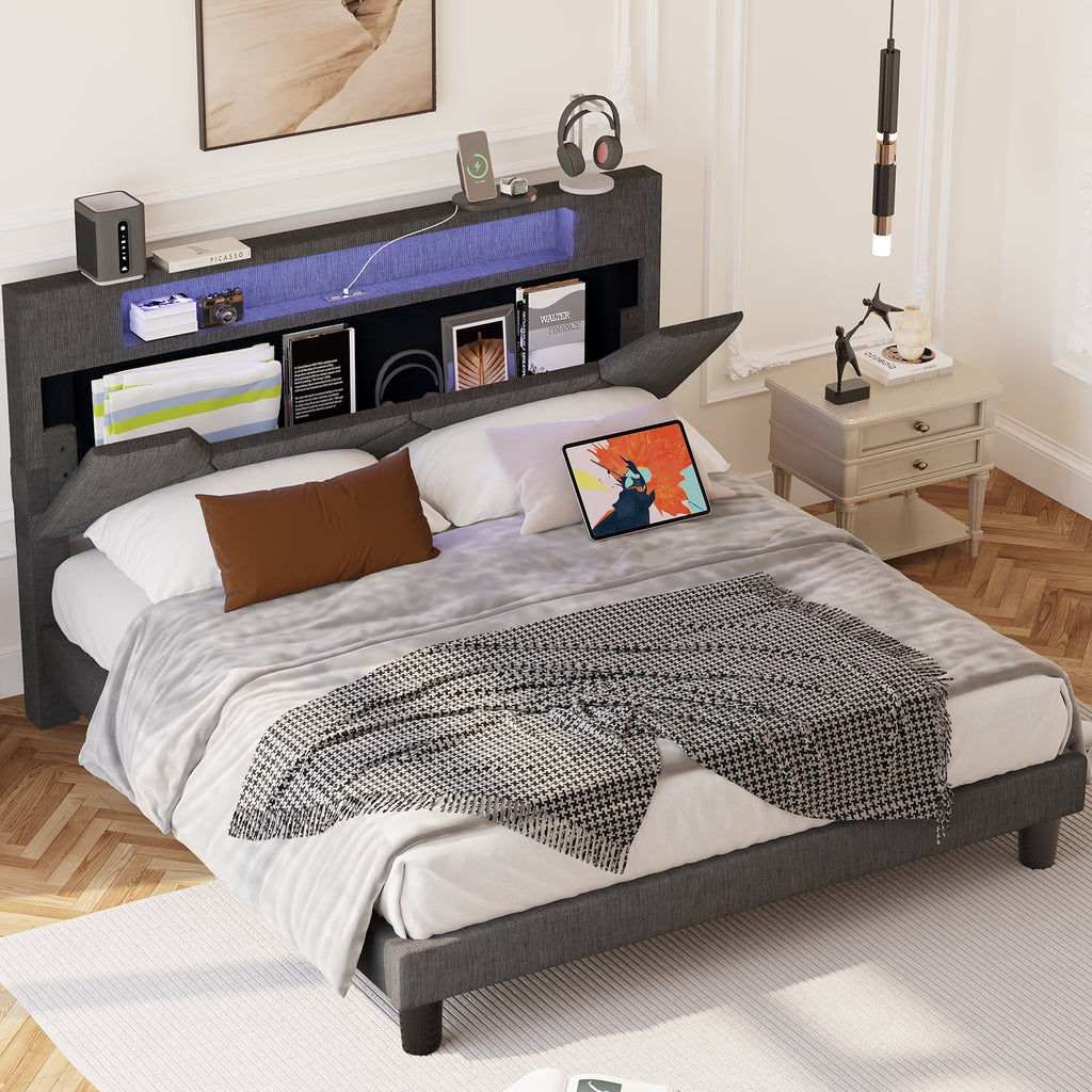 ANCTOR Queen Bed Frame with Storage Headboard & Charging Station for Adults,  Grey