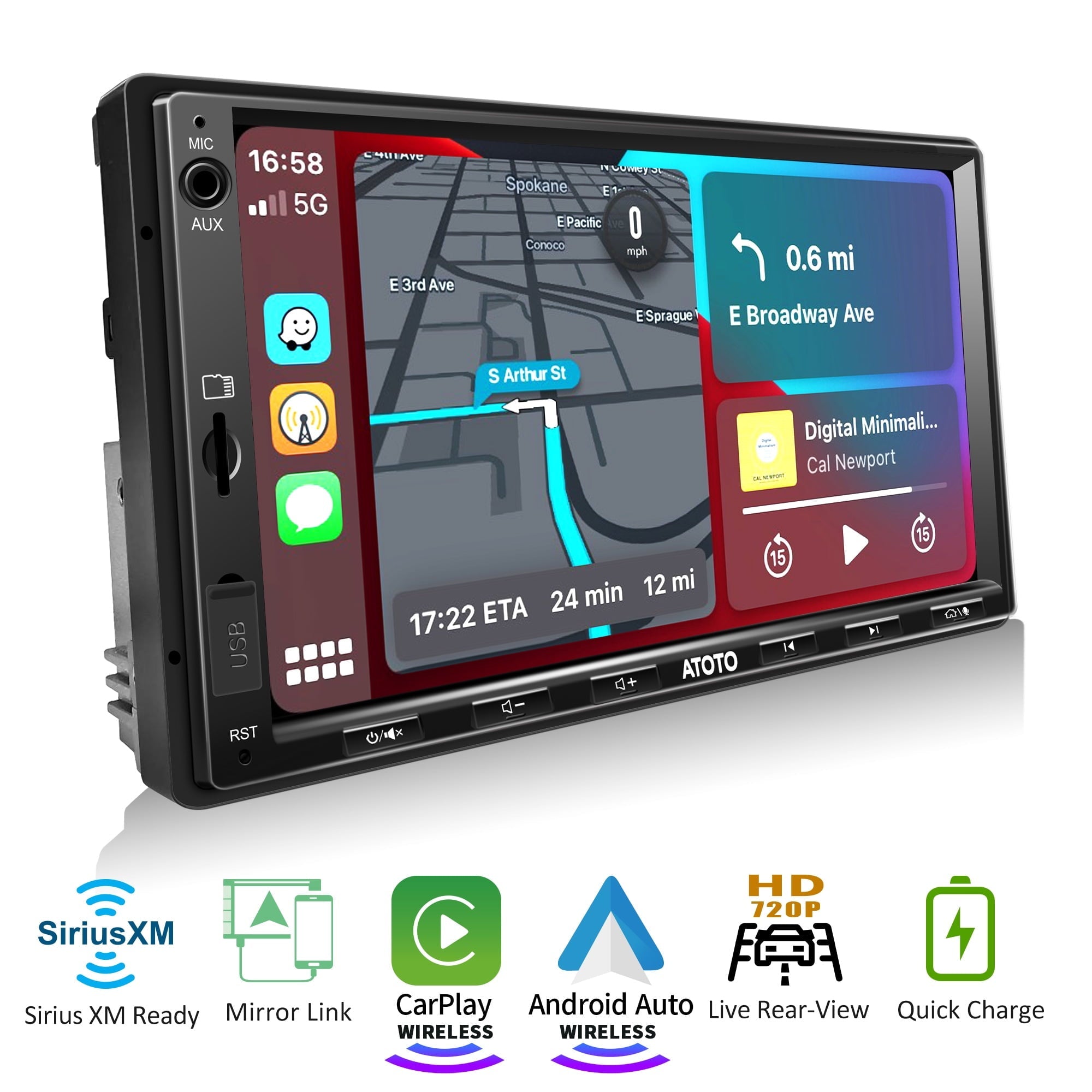 ATOTO F7XE 7inch QLED Double Din Car Stereo with Bluetooth,Wireless Carplay&Android Auto Car Radio with SiriusXM,Quick Charge