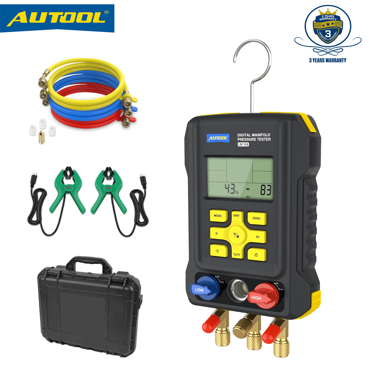 AUTOOL Air-Conditioning Refrigerator Refrigeration Digital Manifold Gauge Set, HVAC Pressure Gauge Tools, 3.5 Inch Display Vacuum Leak Detector, Support 93 Kinds Refrigerant, LM150