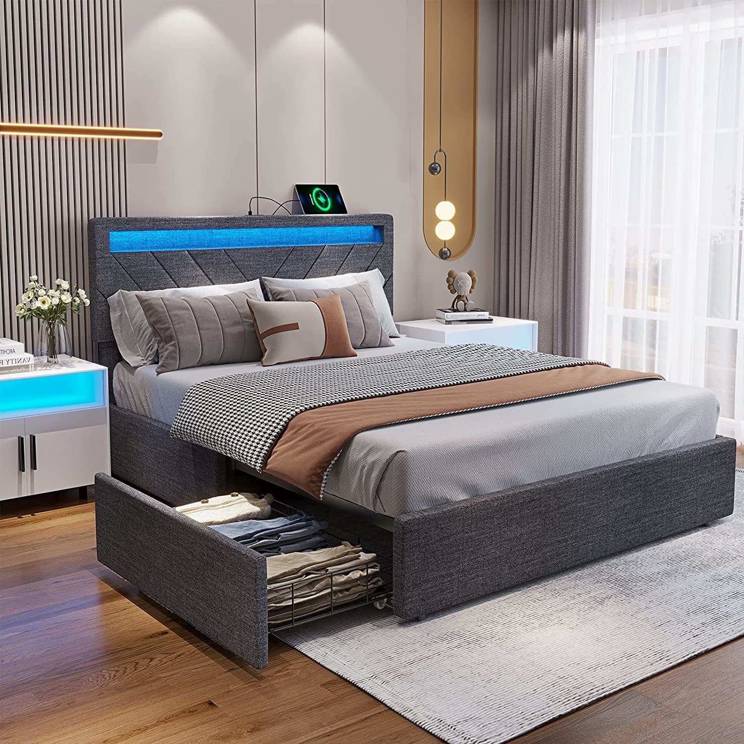 Adorneve Queen Bed Frame with LED Lights Headboard, 4 Drawers,2 USB Charging Station, Upholstered Platform Bed, Dark Gray
