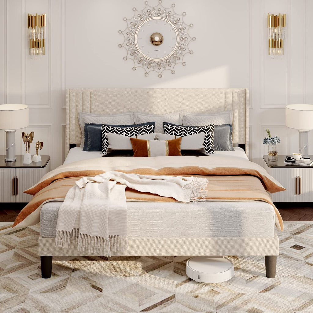 Aiho Queen Platform Bed Frame with Wingback Headboard, Beige