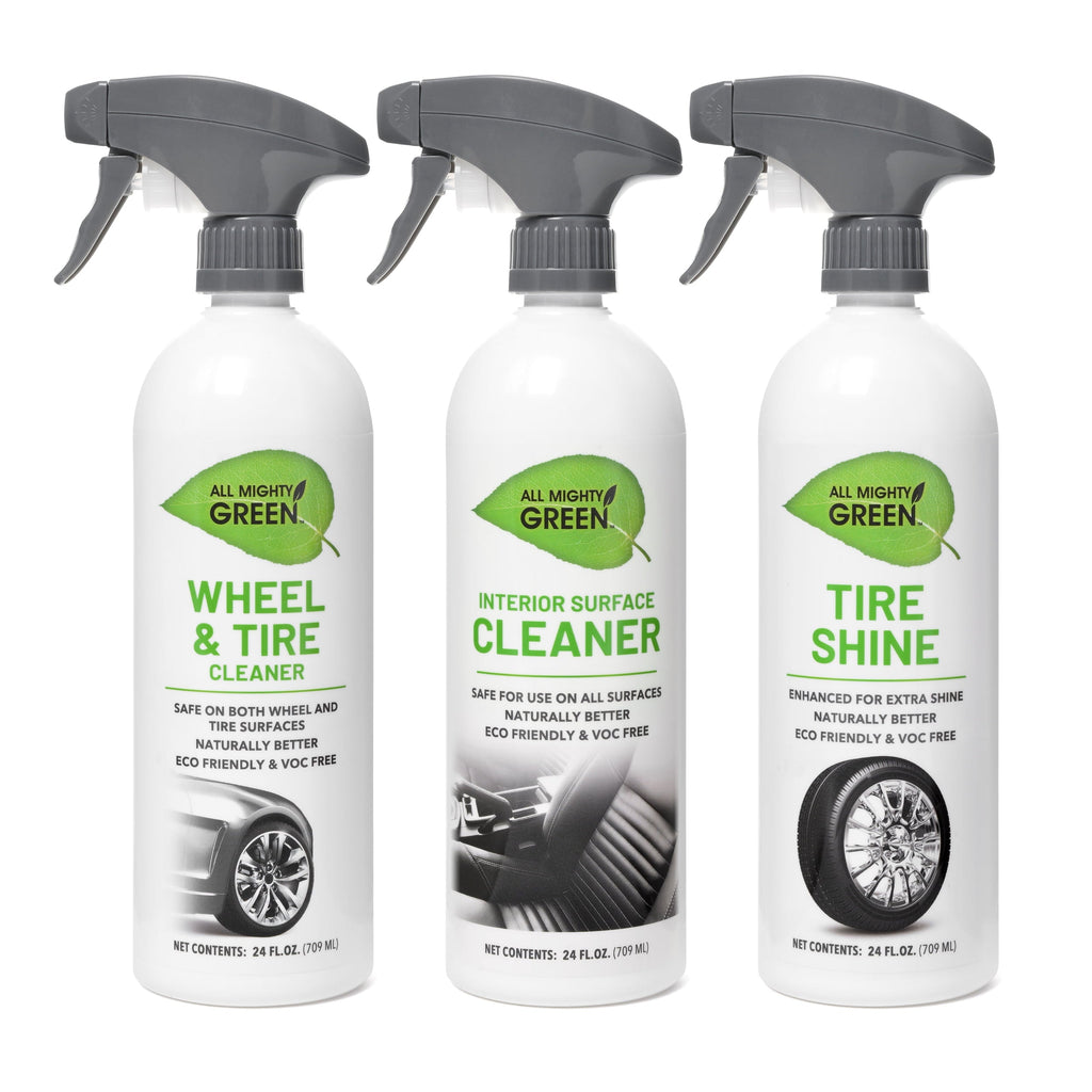 All Mighty Green Eco-Friendly 3 Piece Car Cleaning Combo Set, Interior Surface Cleaner, Tire Shine, Wheel Cleaner with UV Protection, 24 Oz (3-Pack)