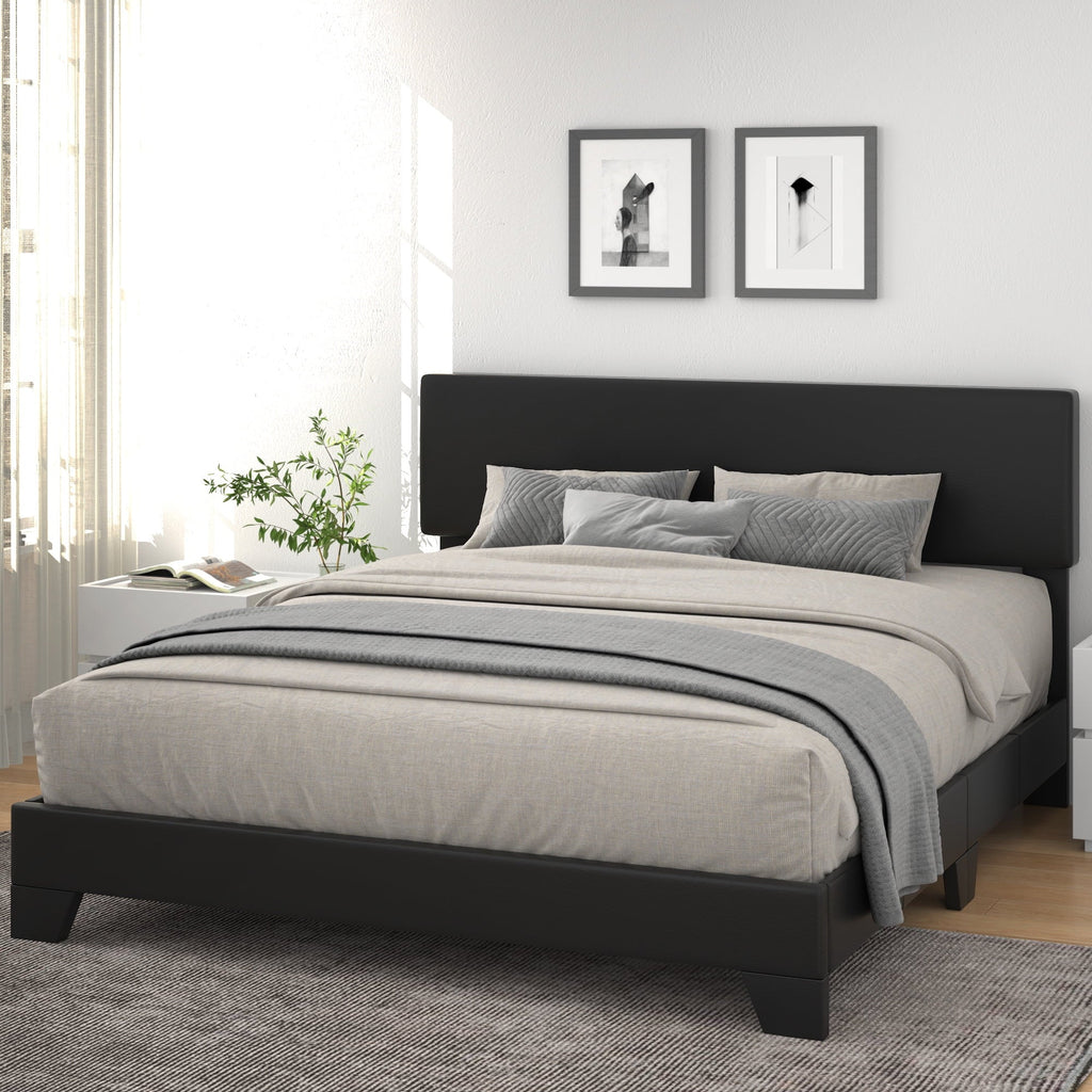 Allewie King Size Platform Bed Fame with Upholstered Adjustable Leather Headboard, Black