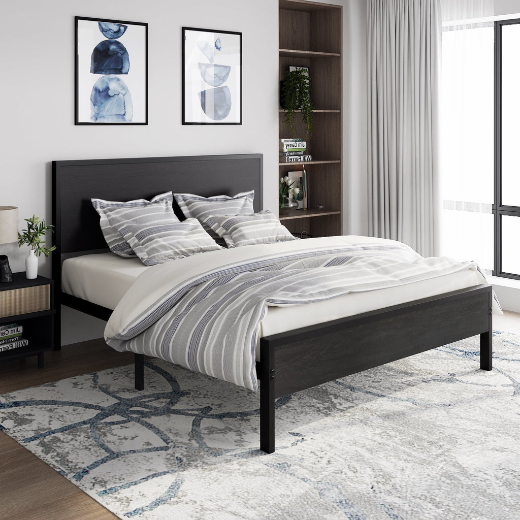 Allewie Queen Size Heavy Duty Bed Frame with Black Oak Headboard, Engineered Wood, 12'' Under Bed Storage