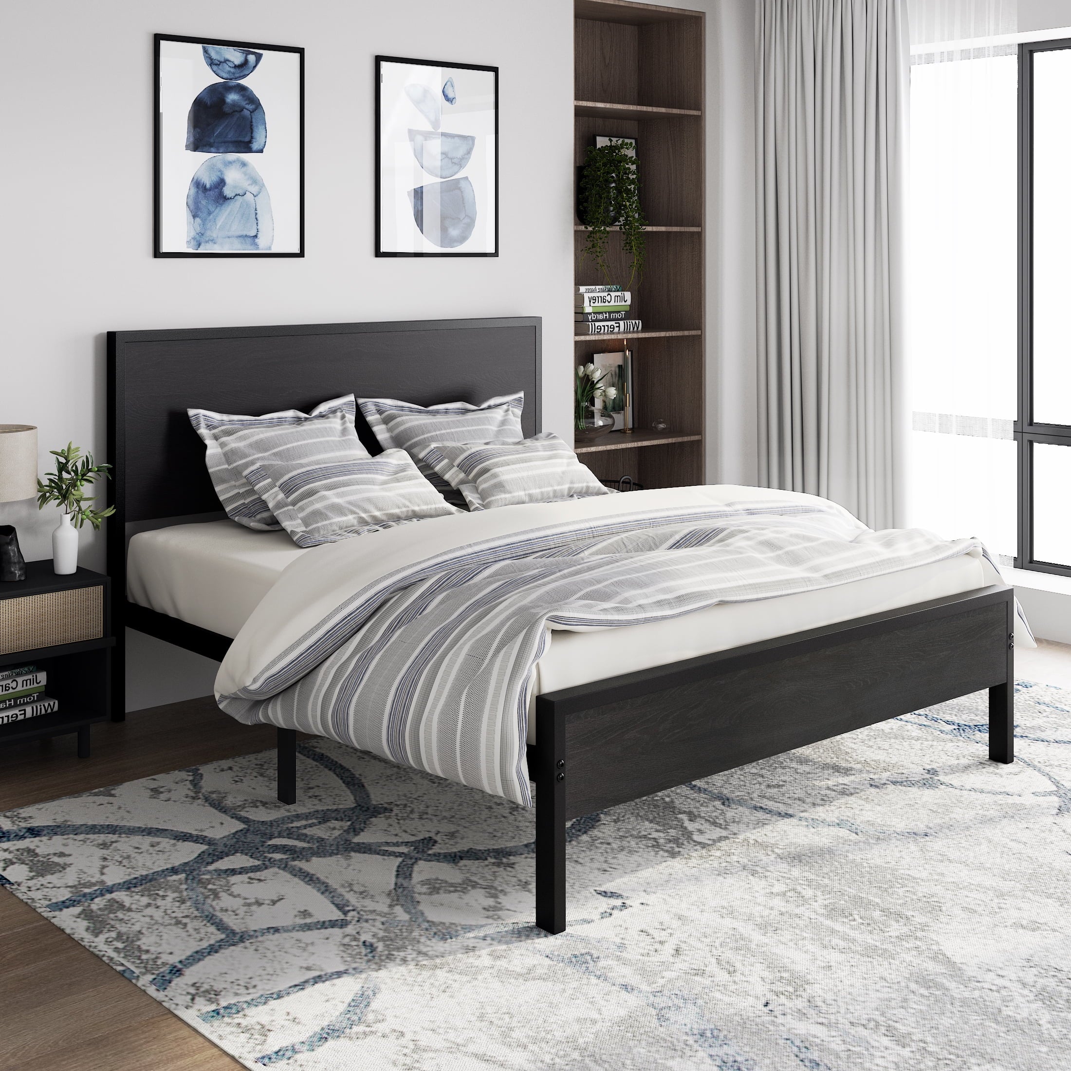 Allewie Queen Size Heavy Duty Bed Frame with Black Oak Headboard, Engineered Wood, 12'' Under Bed Storage