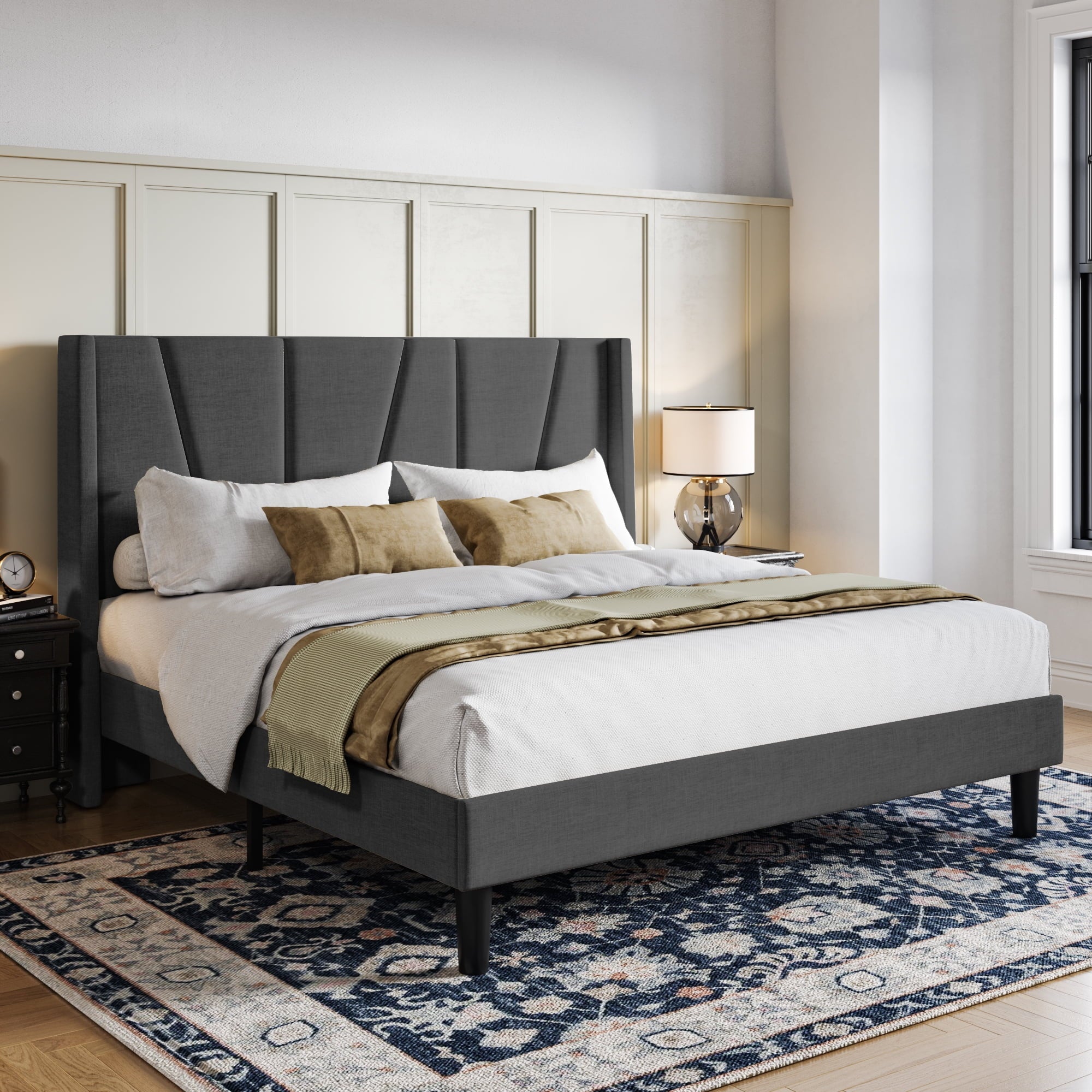 Allewie Queen Size Modern Platform Bed Frame with Upholstered Geometric Wingback Headboard, Grey