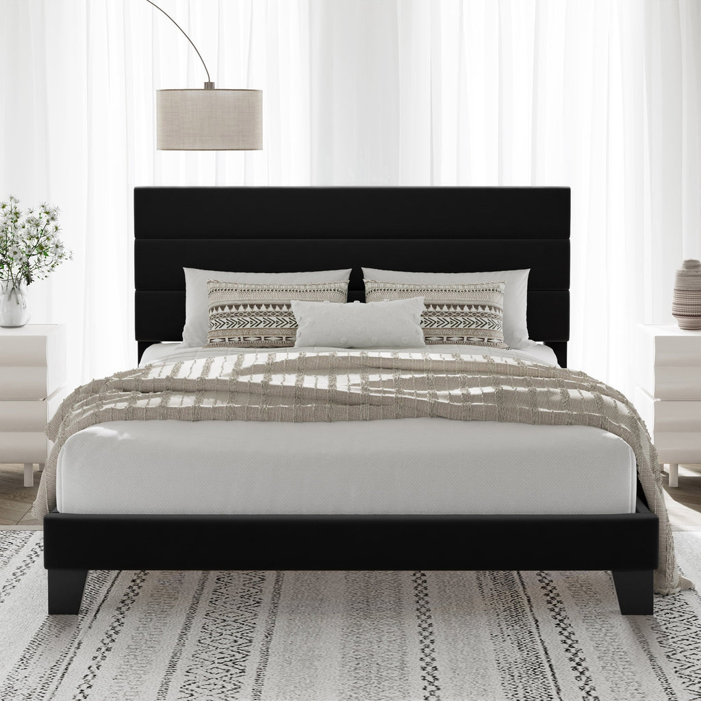 Allewie Queen Size Platform Bed Frame with Velvet Upholstered Headboard and Wooden Slats Support, No Box Spring Needed, Black