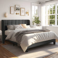 Allewie Queen Size Platform Bed with Wingback Fabric Upholstered Square Stitched Headboard and Wooden Slats, Grey
