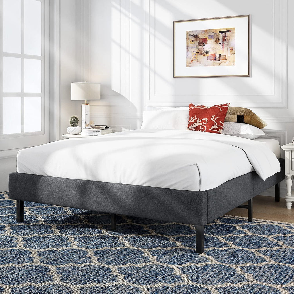 Allewie Queen Size Upholstered Platform Bed Frame, 24 Wooden Slats Support, No Box Spring Needed, Dark Grey