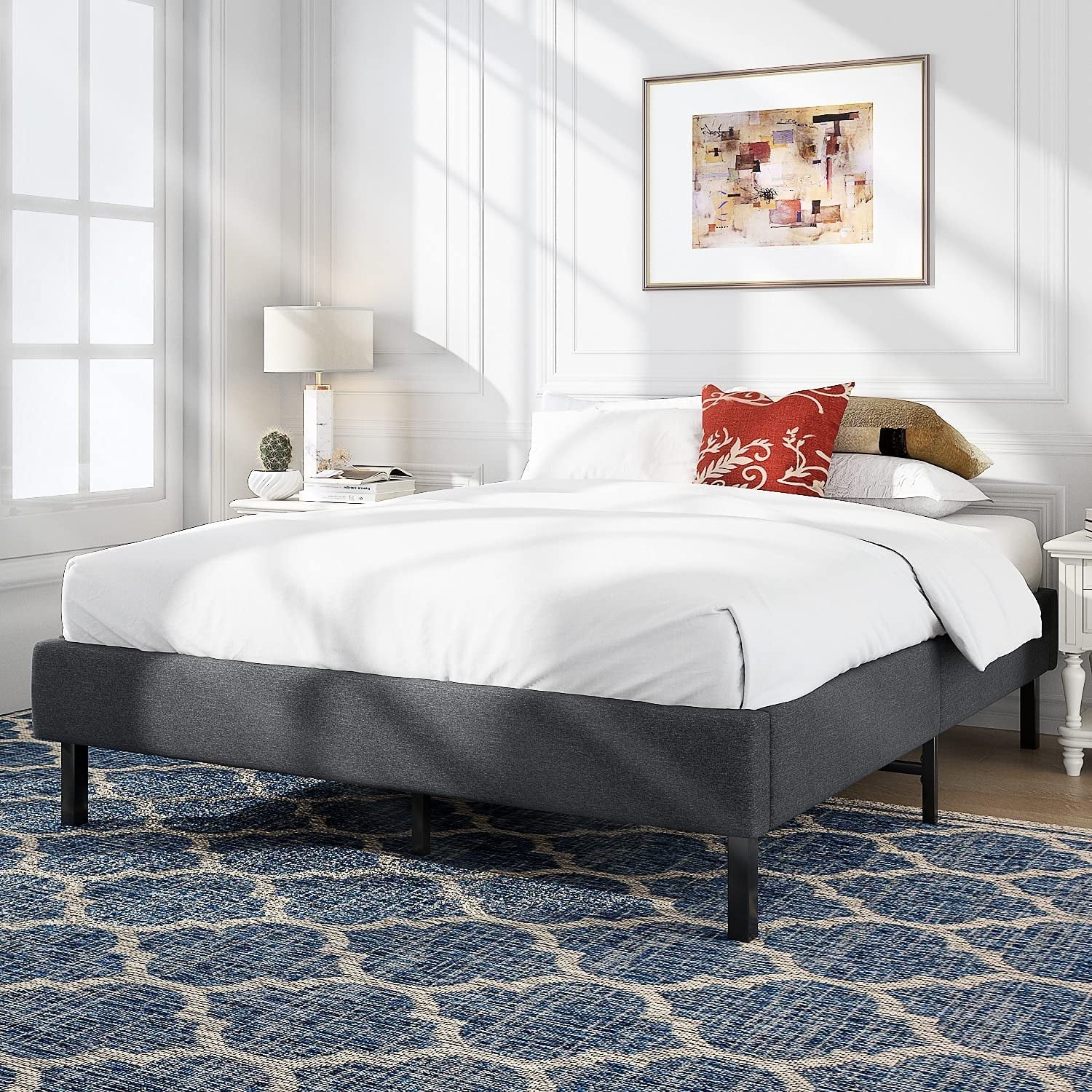 Allewie Queen Size Upholstered Platform Bed Frame, 24 Wooden Slats Support, No Box Spring Needed, Dark Grey