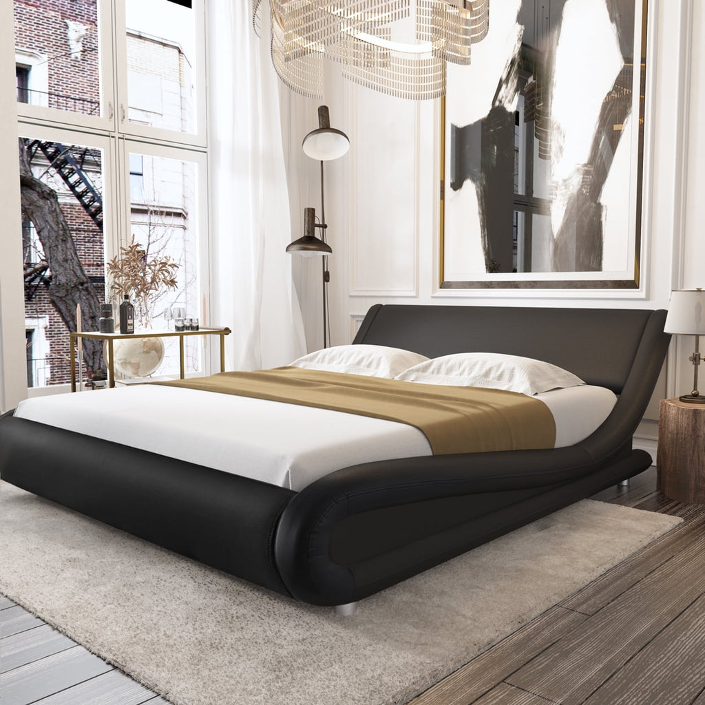 Amolife Queen Size Bed Frame with Curved Adjustable Headboard, Faux Leather Upholtered Platform Bed, Black