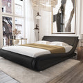 Amolife Queen Size Bed Frame with Curved Adjustable Headboard, Faux Leather Upholtered Platform Bed, Black